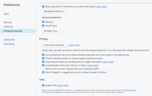 Opera Browser VPN settings