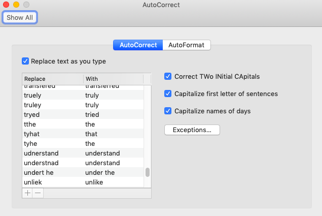 Microsoft Outlook for Mac autocorrect settings