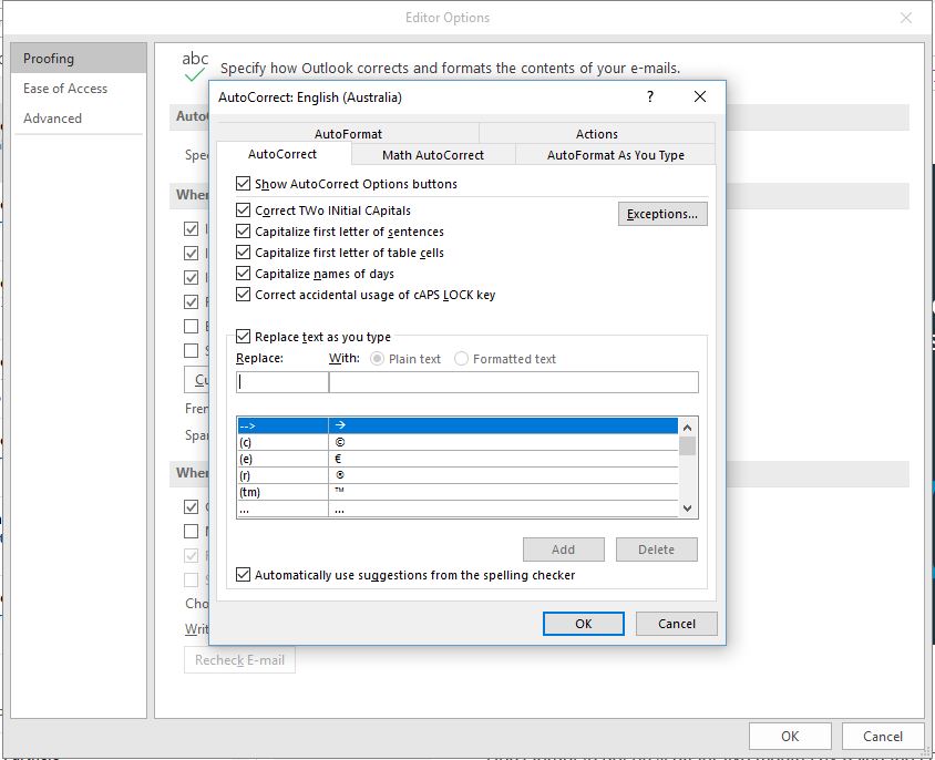 Outlook Autocorrect capitalize exceptions