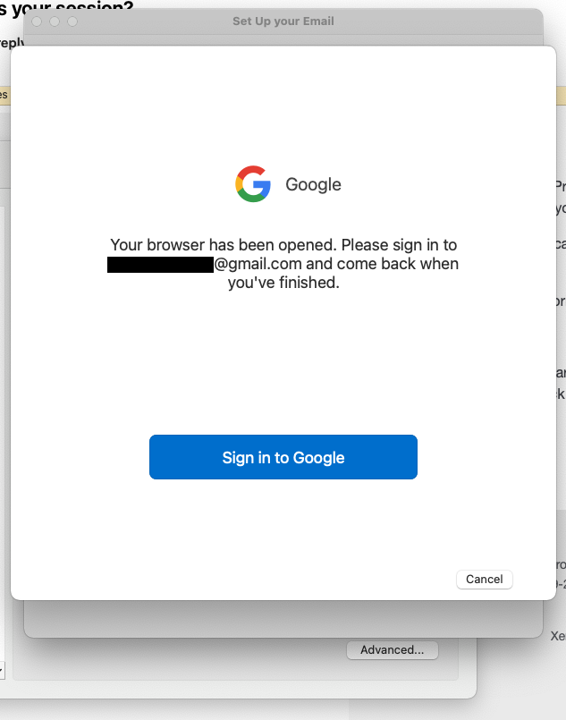 Outlook login to Gmail modal window